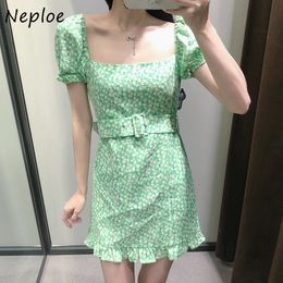 Neploe Square Collar Clavicle Exposed Sexy Dress Women High Waist Hip A Line Slim Vestidos Summer Green Print Robe 210510