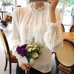 Spring Women Petal Sleeve Autumn Slim-fit Blouses Stand-up Collar Sweet Lace Bottoming Hollow Out Shirt Blusas Mujer 11685 210521