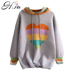 Roupa Mujer Women Knitted Sweater and Hooded Jumpers Sweet Heart Print Rainbow Pullovers Blue Jumper Pull Femme Hiver 210430