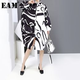 [EAM] Women Black Pattern Prnted Big Size Dress New Lapel Long Sleeve Loose Fit Fashion Tide Spring Autumn 1Y921 210325