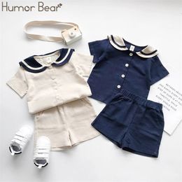 Japanese And Korean Navy Style Kids Sailor Collar Cotton Linen T-shirt+Pants 2Pcs Summer Clothes Sets Boys Girls suit 210611