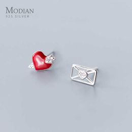 Enamel Shiny Zircon Sweet Lovely Heart Envelop Asymmetry Sterling Silver 925 Stud Earring for Women Fine Jewelry 210707