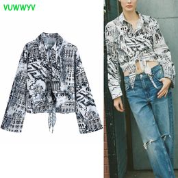 VUWWYV White Chic Retro Print Collar Shirts for Women Summer High Street Button Up Short Shirt Woman Long Sleeve Crop Tops 210430