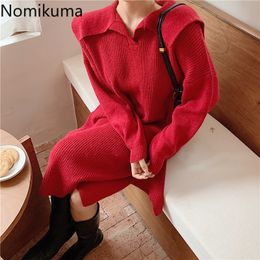 Nomikuma Autumn Winter Oversized Knitted Dresses Korean Sweet Peter Pan Collar Women Sweater Dress Causal Split Vestidos 6D057 210427