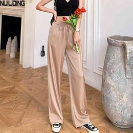 Women Satin Cotton High Waist Wide Leg Pants Spring Summer Solid Casual Loose Female Floor-Length Ladies Trousers 210514