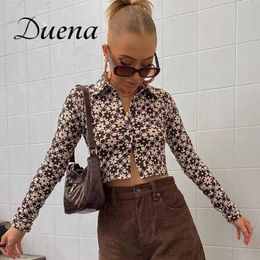 Duena Long Sleeve Brown Top y2k Vintage Aesthetics Flower Print Streetwear Button Up Crop Top Collar T Shirt Women 2021 Y0621