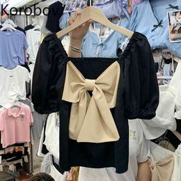 Korobov New Summer Sweet Chic Women Blouses Korean Square Collar Puff Sleeve Crop Shirts Preppy Style Slim Bow Blusas Mujer 210430