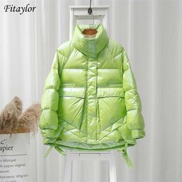 Fitaylor Winter Women Stand Collar Bright Colour Down Coat 90% White Duck Parkas Thickness Warm Oversize Snow Outwear 211011