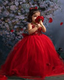 Luxurious Red Lace Flower Girl Dresses Beaded Crystals Ball Gown Tulle Lilttle Kids Birthday Pageant Weddding Gowns