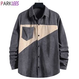 Casual Patchwork Corduroy Mens Shirts Autumn Vintage Slim Fit Shirt Male Anti-Wrinkle Fashion Warm Velour Chemise Homme 210522