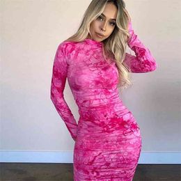 Women Dress Fashion Tie Dye Print Maxi Sexy Ladies Club Spring Autumn Elegant Ruched Long Sleeve Bodycon Skinny Clothing 210522