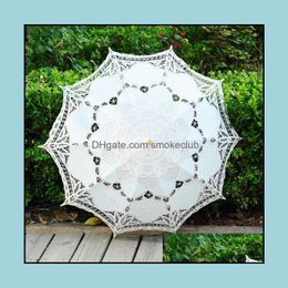 Umbrellas Household Sundries Home & Garden 68Cm Long Handle Handmade Art Wedding Scallop Edge Embroidery Pure Cotton Lace Umbrella Parasol R