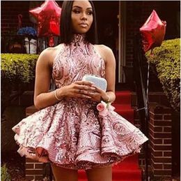 Glitter Short Dusty Rose Sequin Sexy Homecoming Dresses Halter Backless Puffy Black Girl Prom Dress Graduation Cocktail Party Gowns Special Occasion Wear