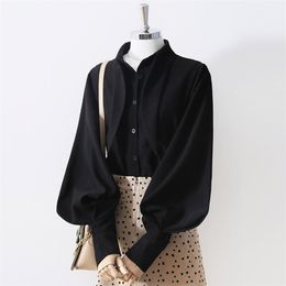Women Korean Blouse Lantern Sleeve Shirt Long-sleeved Spring Autumn Japan Simple Style Bow Tie Top Female GX1533 210507