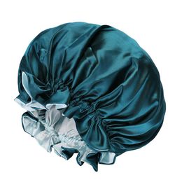 Large Satin Sleeping Cap Double Layer Stretch Adjust Sleep Night Hat Women Wide Brim Head Wrap Shower Caps Hair Accessories