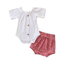 3-24M Summer born Infant Baby Girl Clothes Set Knitted White T shirt Tops Leopard Shorts Outfits Costumes 210515