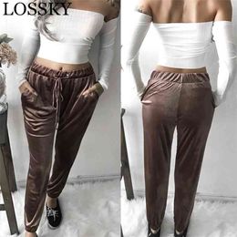 Autumn Winter Slim Long Pencil Pants Casual Elastic Waist Drawstring Tie Pocket Trousers Female Mirco Velvet Soft Warm 210507