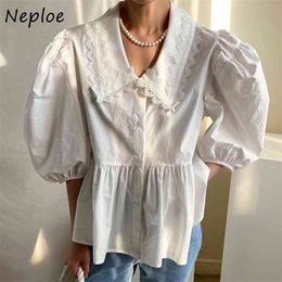 Heavy Work Lace Hook Flower Blouse Women Peter Pan Collar Short Sleeve Ol White Blusas Summer Loose Shirt Femme 210422