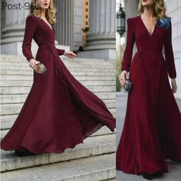 Casual Dresses Women Sexy Formal Maxi Dress V Neck Long Sleeve Solid Colour Bandage Office Ladies Evening Party Prom Gown2021