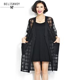 Plus Size Chiffon Coat Summer Style Fashion Women Clothing Black Plaid Perspecti Loose Half Sleeve Lady Long Mesh Cardigan 210520