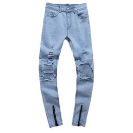 QNPQYX Mens New Arrival Men Biker Jeans Fashion Mens Knee Ripped Zipper Skinny Male Pants Black Blue Size 28-38