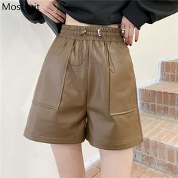 Spring Fashion Loose Wide Leg PU Leather Shorts for Women Casual Elastic High Waist Female Faux 210513