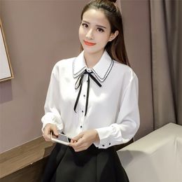 Women's Spring Autumn Shirts Korean Style The Bow Tie Long-sleeved Blouse Tops Loose and Wild Thin Top GX620 210507