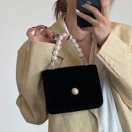 Elegant Women's Handbag with Pearl Chain Black Suede Small Shoulder Messenger Bag Wedding Party Purse