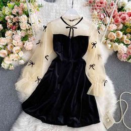 Autumn/winter Mesh Stitching V-neck Black Dress Female Waist Thin A-line HK088 210507