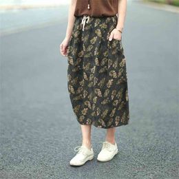 Autumn Women Skirts Plus Size Vintage Print Cotton Linen High Waist Drawstring Design Loose Long Top Quality D96 210512