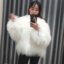 Women real mongolian sheep fur coat ladies leather short style beach wool jacket female outerwear 211220