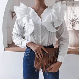 Autumn White vintage shirt Blouses for women tops blouse with V neck ruffles casual white shirt tops Women's blouse clothing 210514