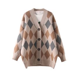 Women Winter Sweater and Cardigans V neck Button Up Warm Thick Knit Jacket Long Argyle Jumpers Christmas Coat 210430