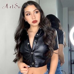 ArtSu Black Faux Leather PU Crop Top T Shirt Ladies Harajuku Punk Short Sleeve T-shirt Women Fashion Casual Tee Shirt ASTS21551 T200525