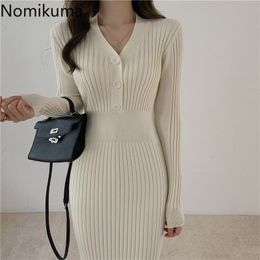 Nomikuma Women Clothing Autumn Winter Sweater Dress Slim Waist V-neck Long Sleeve Bodycon Dresses Ladies Vestidos 3d469 210514