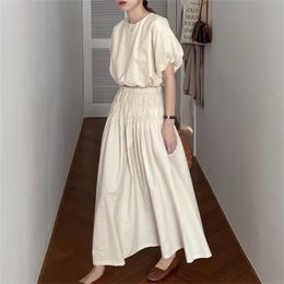 Korea Summer Elegant Women 2 Piece Set Puff Short Sleeve Shirt Top + High Waist Long Skirt Suit 210519