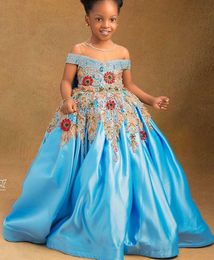 2021 Luxurious Beaded Crystals Flower Girl Dresses Blue Sheer Neck Lace Satin Lilttle Kids Birthday Pageant Weddding Gowns ZJ0465