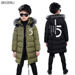 Big Boys Winter Coat Long Style Boy Jacket With Fur Hood Cotton Padded Children Kids OutWear 3 to 15 Y 211203