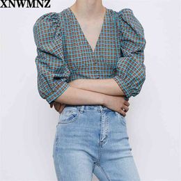 Chic Green Fashion Women shirt V-neck puff sleeve plaid short tops ladies casual Stylish slim British Style T-shirt vestidos 210520