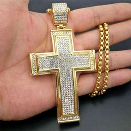 Hip Hop Iced Out Big Cross Pendant Necklace For Men Gold Colour StainlSteel Rhinestone Necklace Hiphop Christian Jewellery X0509