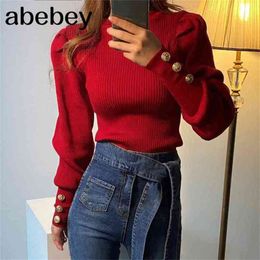 Fashion O-neck Elastic Slim Female Pullover Sweater Lantern Sleeve Buttons Women Jumpers Knit Tops Winter 210812
