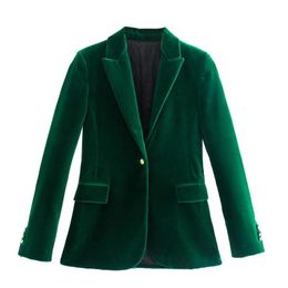 Women's Suits & Blazers Women Dark Green Velvet Blazer Jacket Elegant Coat Female Slim Fit Office Lady Solid Long Sleeve Single Button Tops