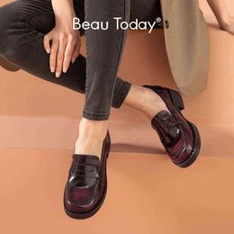 Dress Shoes Beautoday Penny Loafers Women Genuine Cow Leather Uniform Waxing Round Toe Slip-on Jk Ladies Flat Handmade 27744 2 9