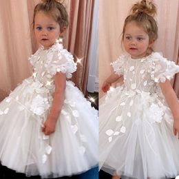 White Flower Girls Dress Jewel Neck Short Sleeve 3D Floral Appliques Children Birthday Party Costume Dresses