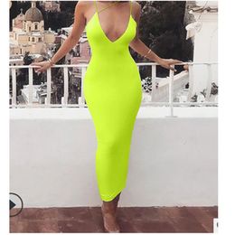 Women Dress Ladies Solid Sexy Slim Fit Bodycon Sleeveless Hollow Out Summer Clubwear Party Long Maxi Deep V-Neck Clothing 210522