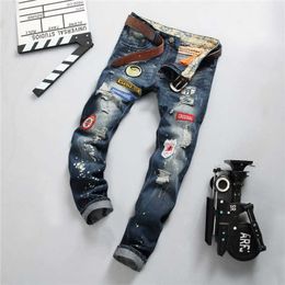 Denim jeans man splash ink old fashion pants men's ripped jeans badge straight European style X0621