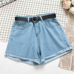 All Match Sashes Casual Women Denim Shorts Crimping High Waist Slim Summer Jeans Feminino Chic Ladies Bottom 210428