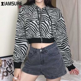 IAMSURE Zebra Stripe Zipper Up Casual Loose 90s Hoodies Autumn Y2k Fashion Long Sleeve Short Grey Oversize Sweatshirts for Women Y0820