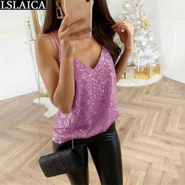 Tanks top for women sleeveless V-neck sequin sexy s casual elegant streetwear wild fashion ladies party clubwear 210515