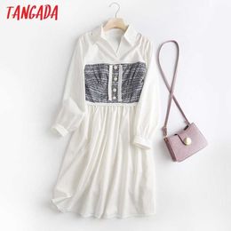 Tangada Spring Fashion Women Tweed Patchwork Shirt Dress Long Sleeve Office Ladies Midi Dress 5M07 210609
